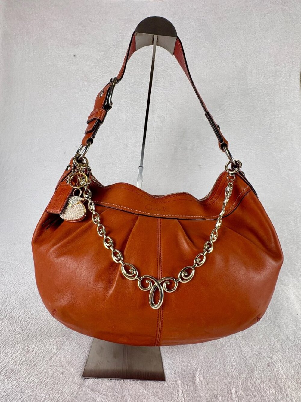 Coach Large Y2K Soho Pleated Hobo in Burnt Orange/Carmel with Chain and Charm